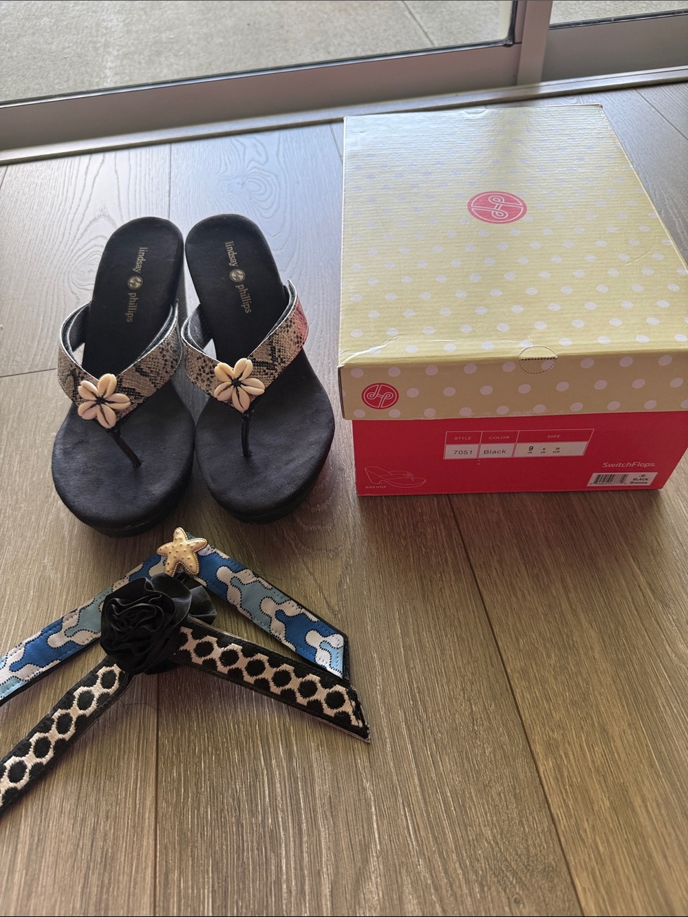 lindsay phillips Black Flip-Flops with Floral Shell Accent